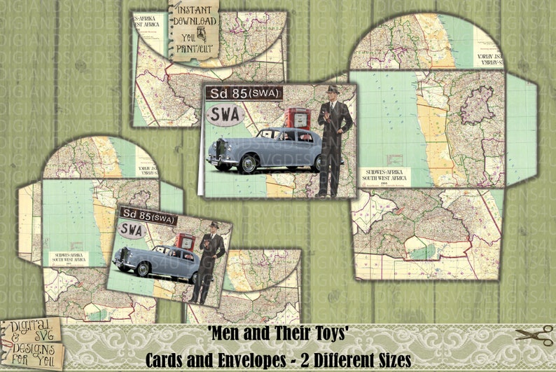 May include: A set of printable cards and envelopes featuring a vintage map of South West Africa with a blue car and a man in a suit. The text "Sd 85 (SWA)" and "SWA" are visible on the cards. The text "Men and Their Toys" is visible at the bottom of the image.