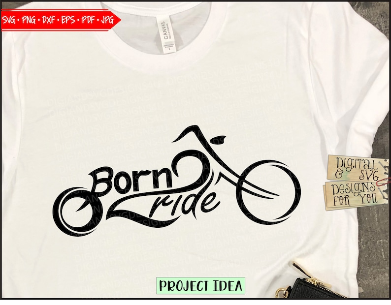 May include: Black and white graphic design of a motorcycle with the text "Born to Ride" on a white t-shirt.
