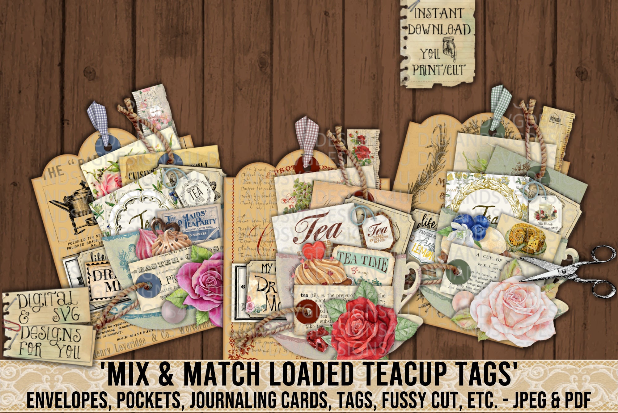 Loaded Teacup Tag, Loaded Pocket, Tag, Tea, Coffee, Tuck Spot, Roses, Shabby, Vintage, Embellishment, Journal, Scrapbook, Ephemera