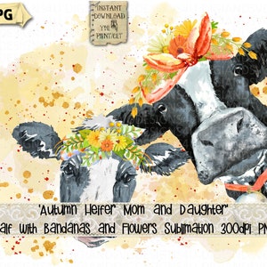 Herbst Kuh und Kalb mit Blumen Sublimationsdesign, Herbst, Herbst, Färse Kuh, Färse Kalb, Sublimation, Kuh PNG, Aquarell, Kuh Clipart