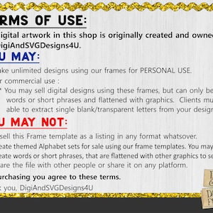 May include: A digital artwork document with the text "TERMS OF USE" at the top, detailing usage rights for digital designs. The document is framed with a gold glitter border and includes the shop's name, DigiAndSVGDesigns4U.
