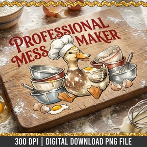 Humorous duck chef baking-themed PNG used on various sublimation products.