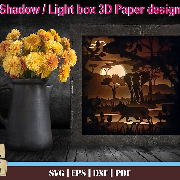 AFRICAN SCENE Elephant 3d Paper Cut Template, Light Box svg, 3d Shadow Box svg, 3d Light box template, glowforge laser, Africa svg, African
