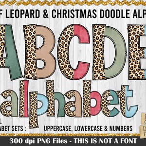 Half Leopard and Christmas Doodle Alphabet Bundle, Leopard Alphabet, Doodle letters PNG, Christmas Doodle Alphabet, Christmas alphabet