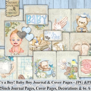 It’s a Boy, Baby Boy, Junk Journal, Pages, Vintage, Shabby Chic, Baby, Teddy Bears, Birds, Blue, Flowers, Collage Sheet, Paper, Printable