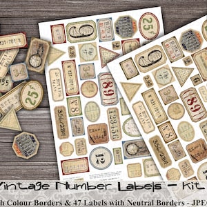 Étiquettes numérotées vintage, grunge, aléatoire, Dennison, imprimables, journal indésirable, chiffres, lettres, cartes, documents éphémères, scrapbooking, DigiAndSVGDesigns4U