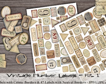 Vintage Number Labels, Grunge, Random, Dennison, Printable, Junk Journal, Numerals, Letters, Card, Ephemera, Scrapbook, DigiAndSVGDesigns4U