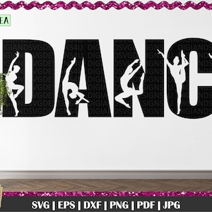 May include: Black and white silhouette design of the word "DANCE" with dancers in various poses within the letters. The design is on a white background.