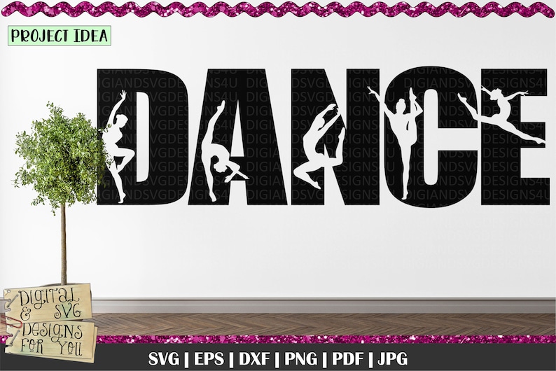 May include: Black and white silhouette design of the word "DANCE" with dancers in various poses within the letters. The design is on a white background.