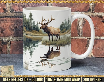 Elk color Reflection Mug Wrap, 11oz & 15oz Mug Designs, Lake Mug Sublimation Design, Forest Mug Wrap Template, Instant Digital Download PNG