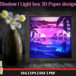 Pirate Island svg - Modello di taglio della carta 3D, Light Box SVG, 3D Shadow Box SVG, modello di scatola luminosa 3D, file di download digitali, laser glowforge