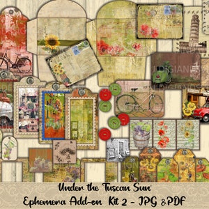 Rustic Tuscany Ephemera Kit 2, Junk Journal, Cards, Envelopes, Tags, Ephemera, Printable paper, digi kit, summer, vintage, embellishment