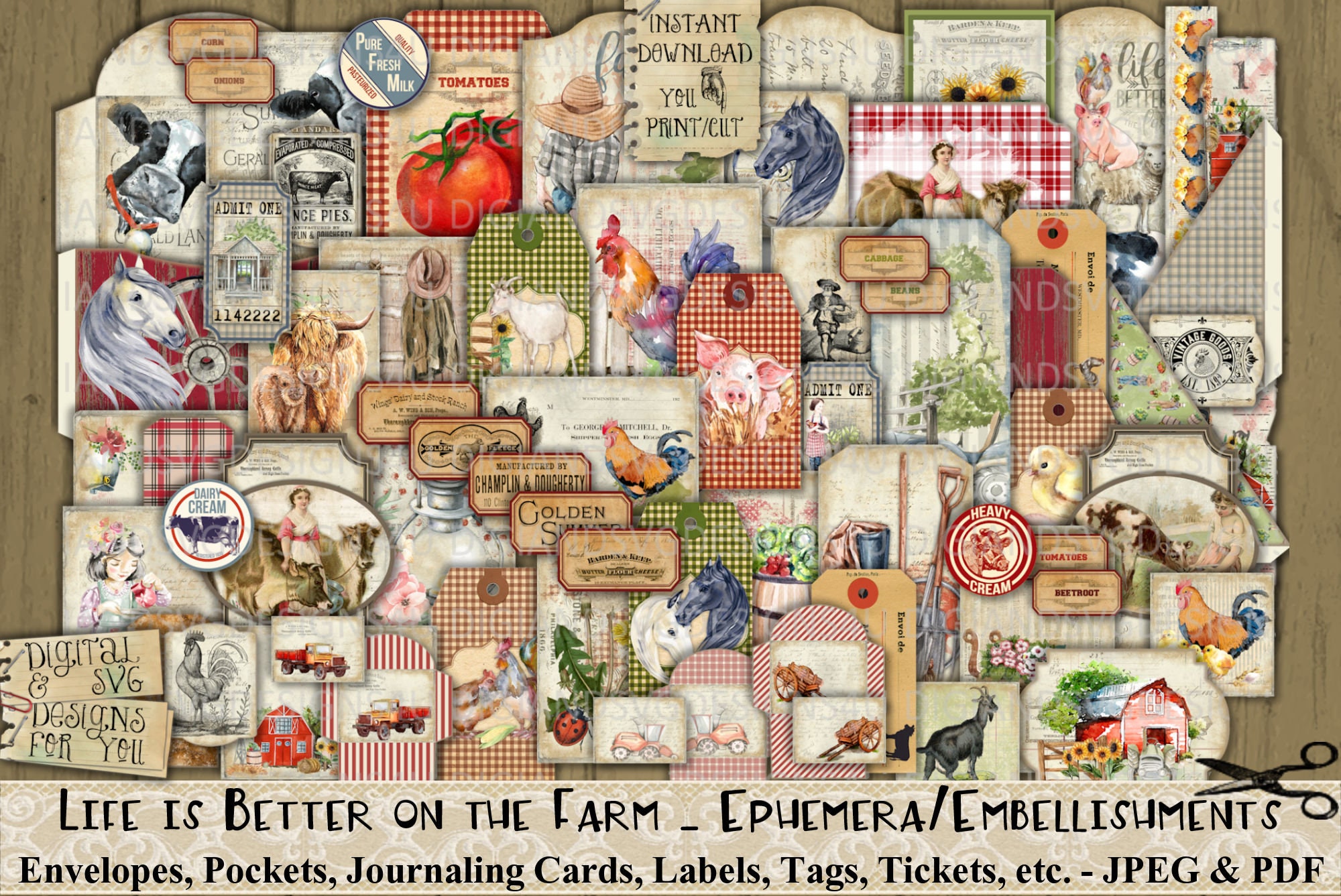 Life is Better, On the Farm, Ephemera, Farm Life, Country Living, Animals, Envelopes, Cards, Tags, Labels, Junk Journal, Scrapbook, Print