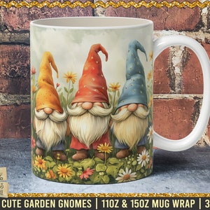 May include: Three cute garden gnomes with red, blue, and yellow hats stand in a field of flowers. The gnomes have white beards and are smiling. This is a mug wrap design for 11oz and 15oz mugs.