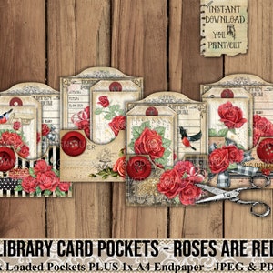 Bolsos de biblioteca, rosas vermelhas, cartões de biblioteca, bolso carregado, gasto, vintage, rosas, etiquetas, enfeite, diário, álbum de recortes, para impressão