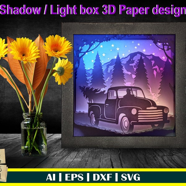 Christmas Vintage truck - 3D Shadow box, vintage christmas pickup, Light Box, vintage truck svg, Xmas svg, christmas pickup, farm truck svg