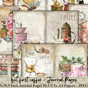 Pero primero café, Shabby, Vintage, Diario basura, Papel, Capuchino, Latte, Espresso, Granos de café, Molino, Chocolate, Pastel, Receta, Imprimible