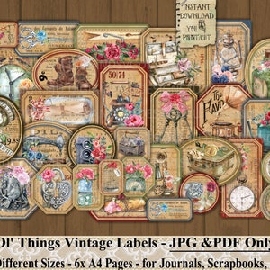 Oude dingen, Vintage objecten, Tekst, Nummers, Grote etiketten, Kaarttopper, Labels, Afdrukbare, Dagboek, Label, Zakletter, Plakboek