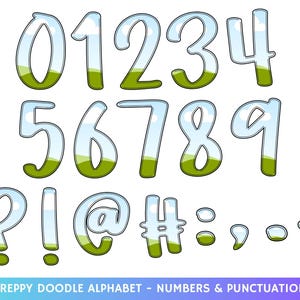 May include: A set of whimsical, hand-drawn numbers and punctuation marks. The numbers 0-9 and symbols are outlined in black with a transparent blue and green fill, resembling a sky and grassy field. The text "PREPPY DOODLE ALPHABET - NUMBERS & PUNCTUATION" is at the bottom.