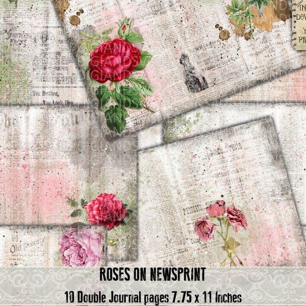 Newspaper Roses, Printable, Newsprint, Roses, Journaling Kit, Paper, Vintage, Ephemera, Scrapbook, Junk Journal, Newspaper printable