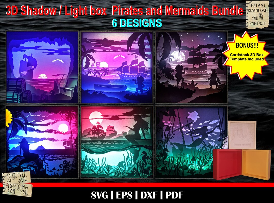Pirate and Mermaid Bundle - 3D Shadow Box Templates, 3D Light Box Svg ...
