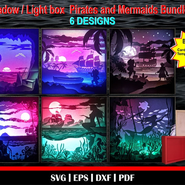 Pirate and Mermaid Bundle - 3D Shadow box templates, 3D Light Box svg, Pirate svg, Mermaid svg, Pirate ship svg, Mermaid on rock svg, Ariel