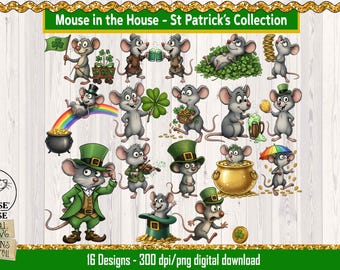 St Patrick’s Day Mouse in the house Clipart Bundle, Cute Leprechaun Mouse Sublimation, St Paddy’s Day Mug T-Shirt Art, Shamrock png designs