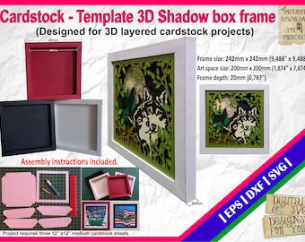 May include: A white 3D shadow box frame template for a layered cardstock project. The frame is 9.488 inches by 9.488 inches and has a 0.787 inch depth. The art space is 7.874 inches by 7.874 inches. The template includes assembly instructions and requires three 12 inch by 12 inch cardstock sheets. The image shows a wolf in a forest scene.