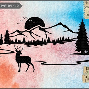 Deer svg, Forest Scene svg dxf png eps, mountain svg, camping clipart, trees svg, Deer clipart, Outdoors cutfile, Wildlife scene cut file