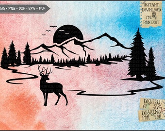 Deer svg, Forest Scene svg dxf png eps, mountain svg, camping clipart, trees svg, Deer clipart, Outdoors cutfile, Wildlife scene cut file