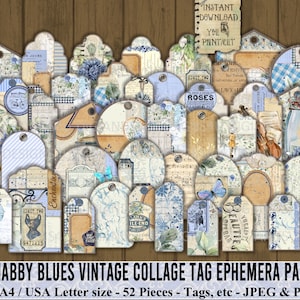 Desgastado, Azul, Vintage, Collage, Etiquetas, Paquete de efímeras, Rosas, Imprimible, Kit digital, Diario basura, Papel, Álbum de recortes, Carta de bolsillo, Planificador