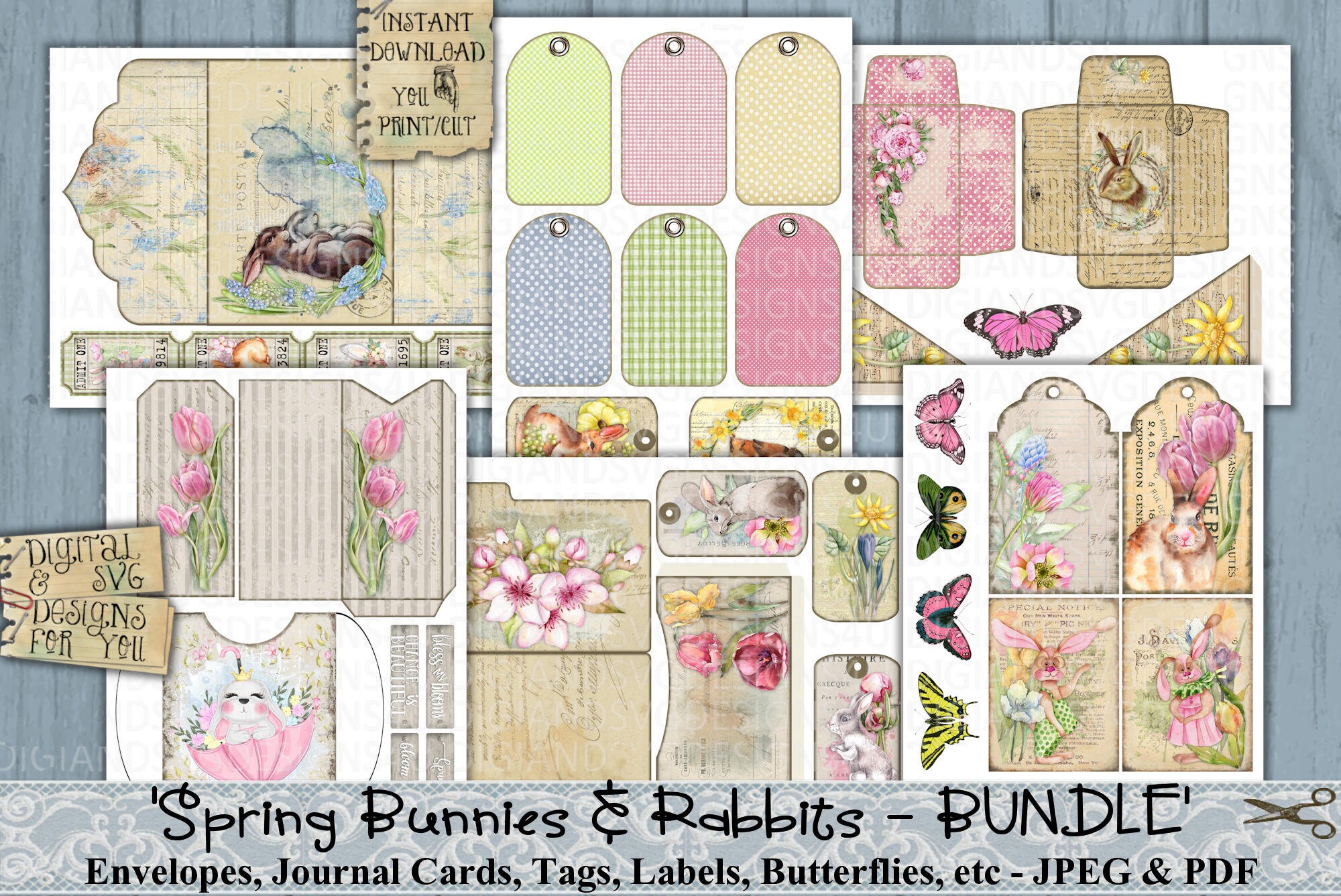 Spring Easter Bunnies Rabbits Bundle Vintage Ephemera | Etsy