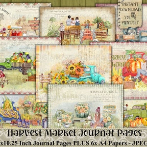 Mercado de la cosecha, Diario de basura, Otoño, Otoño, Cosecha, Acción de Gracias, Calabazas, Girasoles, Maíz, Trigo, Fruta, Hoja de collage, Papel, Imprimible