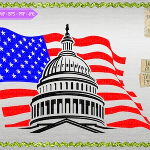 File di taglio SVG con bandiera e Campidoglio, disegno della bandiera, 4 luglio, contorno della bandiera, edificio del Campidoglio, bandiera americana, Washington DC SVG, bandiera patriottica