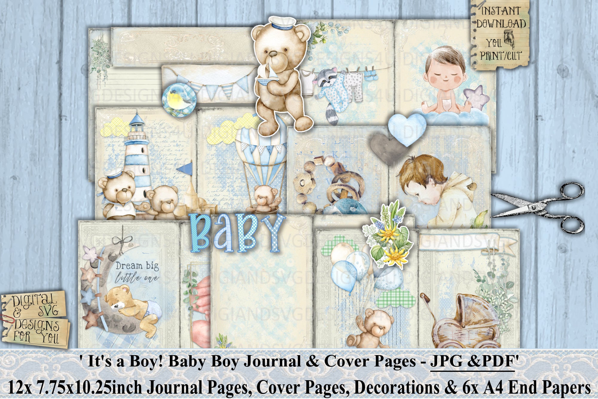 Its a Boy Baby Boy Junk Journal Pages Vintage Shabby Etsy