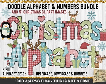 Alphabet de Noël PNG, Doodle alphabet avec clipart, lettres Doodle PNG, alphabet doodle de Noël, alphabet de Noël, lettres Doodle