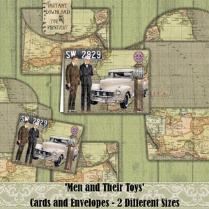May include: Printable cards and envelopes featuring a vintage illustration of two men standing next to a car with the text 'SW 2829' on a sign. The background is a map with the word 'AMERICA' visible. The text 'Men and Their Toys' is at the bottom of the image.