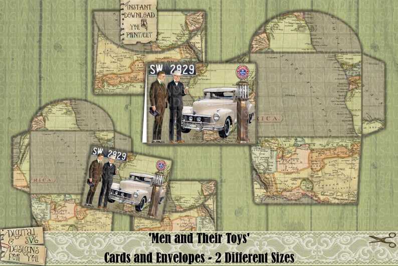 May include: Printable cards and envelopes featuring a vintage illustration of two men standing next to a car with the text 'SW 2829' on a sign. The background is a map with the word 'AMERICA' visible. The text 'Men and Their Toys' is at the bottom of the image.