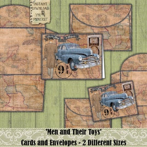 May include: Printable digital download of two different sized cards and envelopes featuring a vintage map design with a man in a suit and a blue car. The text on the card reads 'Parts Shop 91/2 Repairs'.