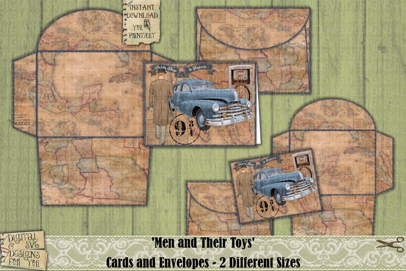 May include: Printable digital download of two different sized cards and envelopes featuring a vintage map design with a man in a suit and a blue car. The text on the card reads 'Parts Shop 91/2 Repairs'.