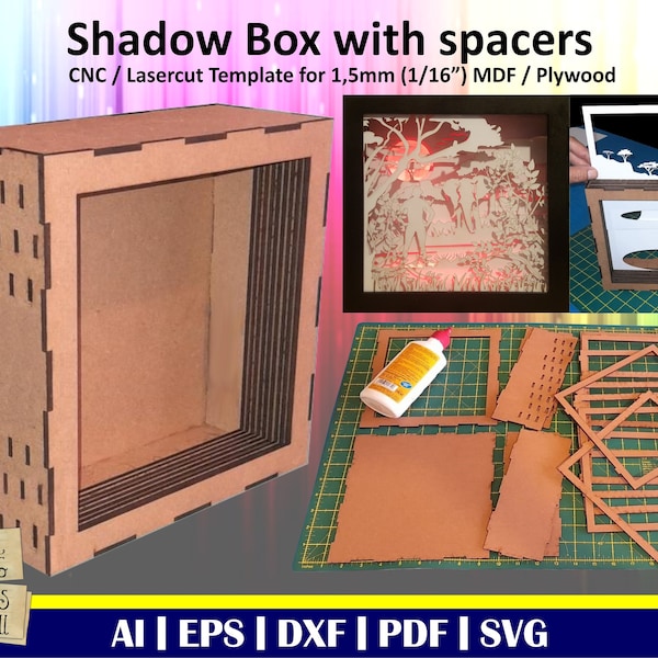 Shadow box with spacers, cnc or laser cut template for 1.5mm (1/16") mdf or plywood. Light box with spacers template, shadow box cricut svg.