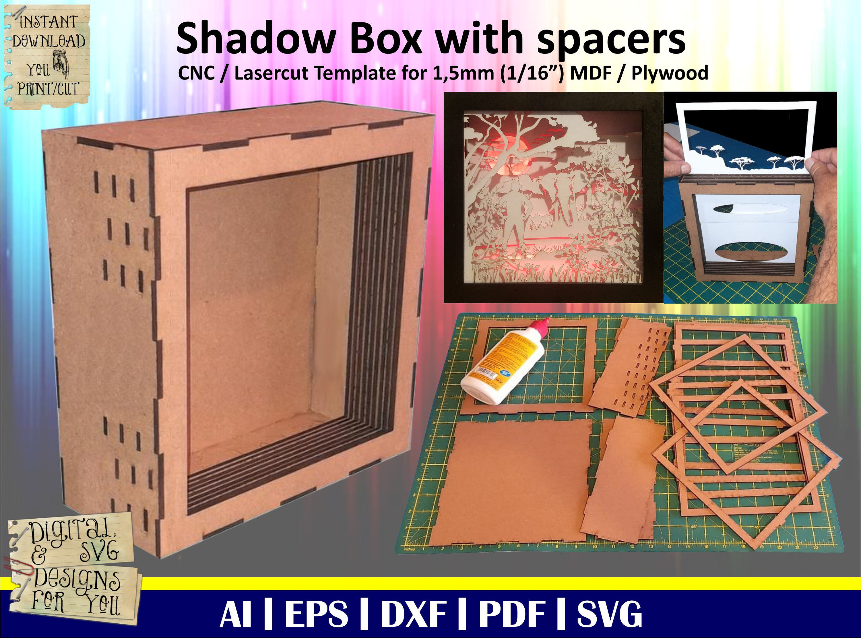 Shadow box with spacers, cnc or laser cut template for 1.5mm (1/16") mdf or plywood. Light box with spacers template, shadow box cricut svg.