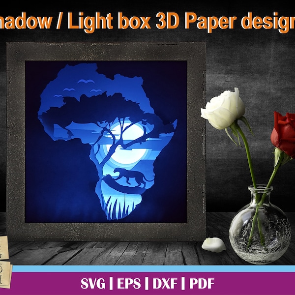 AFRICA - 3D Paper Cut Template, Light Box SVG, 3D Shadow Box SVG, 3D Light box template, Digital Download Files, glowforge laser, Africa svg