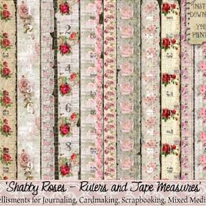 Rulers, Tape Measure, Shabby, Roses, Vintage, Ephemera, Embellishment, Numbers, Printable, Journal, Embellishment, Scrapbook, Sewing, Cards