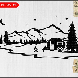 Estrellado nocturno bosque camper svg, png, eps, dxf, mountain svg, camping clipart, trees svg, Outdoors cutfile, Caravan svg, Camp scene cut file