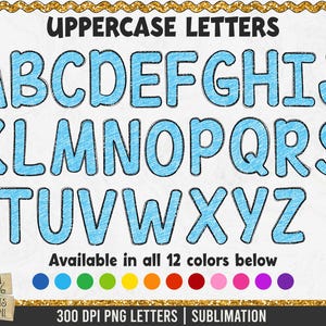 Pu&ograve; includere: Un set di lettere maiuscole in stile blu disegnato a mano. Le lettere sono disponibili in 12 colori. Le lettere sono file PNG da 300 DPI e sono adatte per la sublimazione.