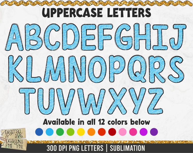 Pu&ograve; includere: Un set di lettere maiuscole in stile blu disegnato a mano. Le lettere sono disponibili in 12 colori. Le lettere sono file PNG da 300 DPI e sono adatte per la sublimazione.