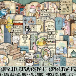 Viaggiatore urbano, Diario di viaggio, Viaggi, Parole, Frasi, Città, Villaggio, Ragazze, Veicolo, Bicicletta, Mongolfiera, Foglio collage, Stampabile