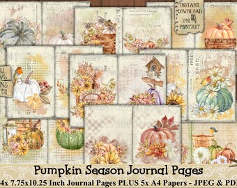 May include: A set of 14 printable journal pages featuring a fall theme with pumpkins, gourds, sunflowers, and other autumnal elements. The pages are 7.75 inches by 10.25 inches and are available in JPEG and PDF formats. The set also includes 5 A4 sized papers.
