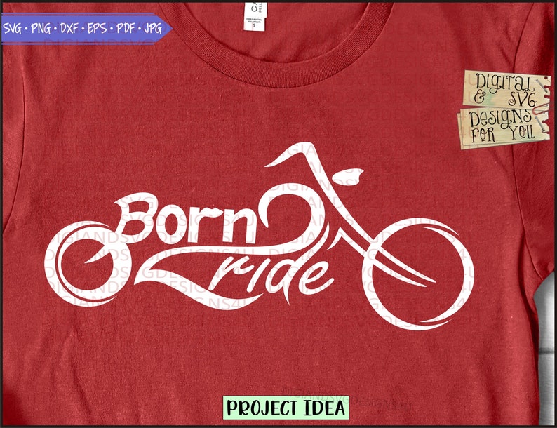 May include: White graphic design on a red t-shirt featuring a motorcycle with the text "Born to Ride".